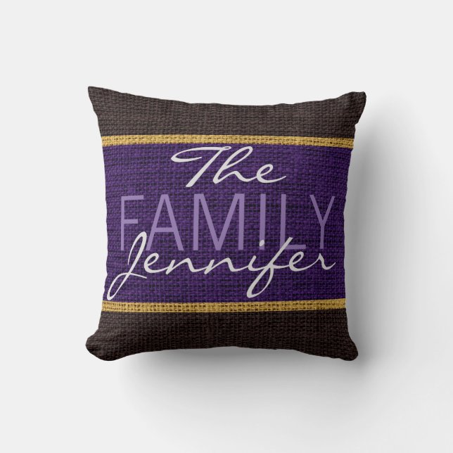Coussin Monogramme de Burlap Rustique Violet (Recto)