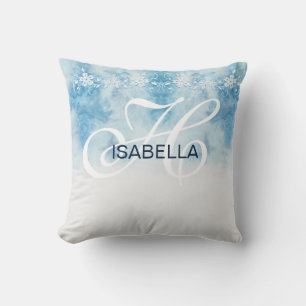 Coussin Monogramme de calligraphie de script d'hiver bleu 