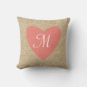 Coussin monogramme de coeur rose burlap personnali