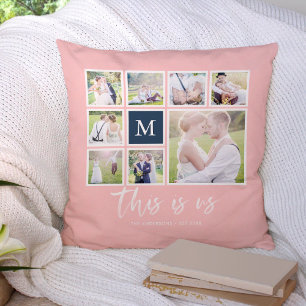 Coussin Monogramme de couleur modifiable Collage photo Thi