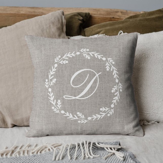 Coussin Monogramme de couronne de Burlap rustique (Créateur téléchargé)