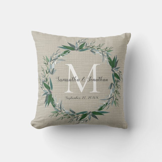 Coussin Monogramme de couronne d'eucalyptus Mariage Chic G (Recto)