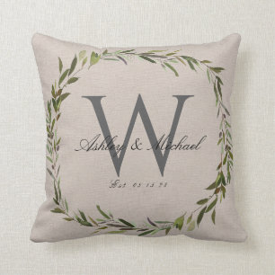 Coussin Monogramme de couronne d'olive rustique Mariage Ke