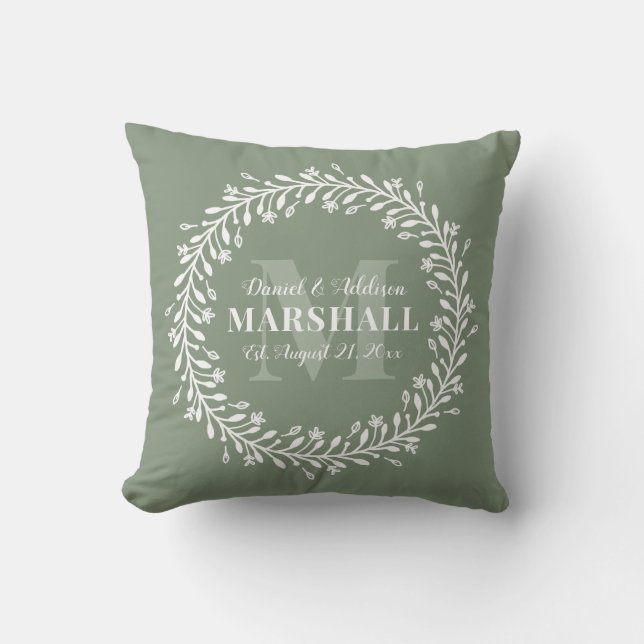 Coussin Monogramme de couronne verte pour couple marié à n (Recto)