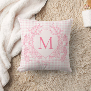 Coussin Monogramme de crête florale rose En vichy