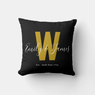 Coussin Monogramme de date de couple d'or noir classique
