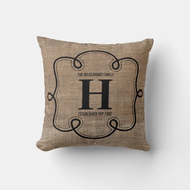 Coussin Monogramme de famille de toile de jute de Faux (Recto)