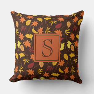 Coussin Monogramme de feuilles d'automne orange marron et