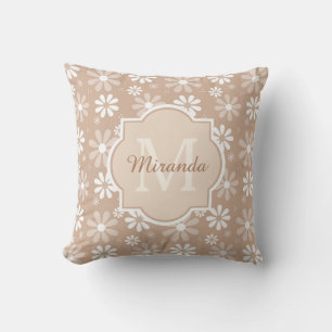 Coussin Monogramme de fille Cute Tan Daisy Fleurs et nom