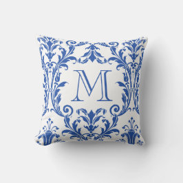 Coussin Monogramme de fleurs blanches et bleues de Damas