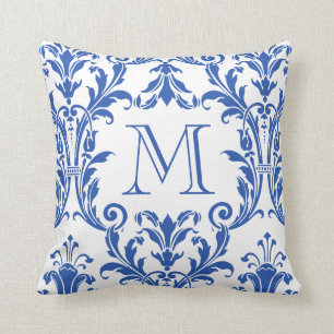 Coussin Monogramme de fleurs blanches et bleues de Damas