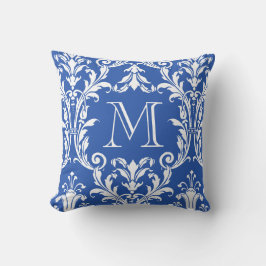 Coussin Monogramme de fleurs bleu et blanc Damas
