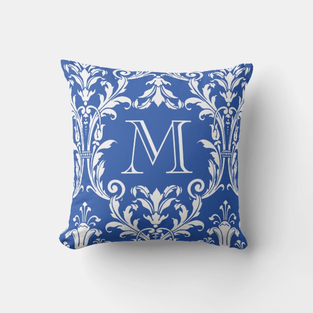 Coussin Monogramme de fleurs bleu et blanc Damas (Recto)