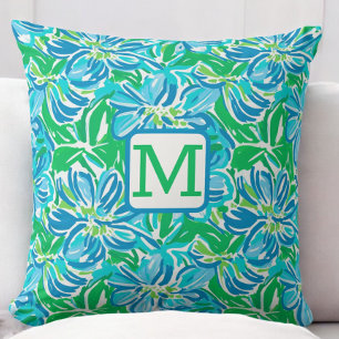 Coussin Monogramme de fleurs bleues preppy