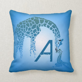 Coussin Monogramme de Girafe Mère et Bébé| bleu