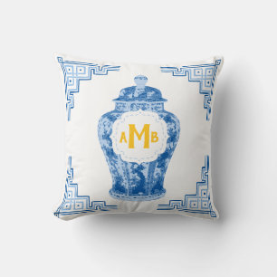 Coussin Monogramme de la boîte de gingembre bleu Chinoiser