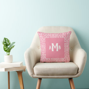 Coussin Monogramme de la bordure de clé grecque rose poinç