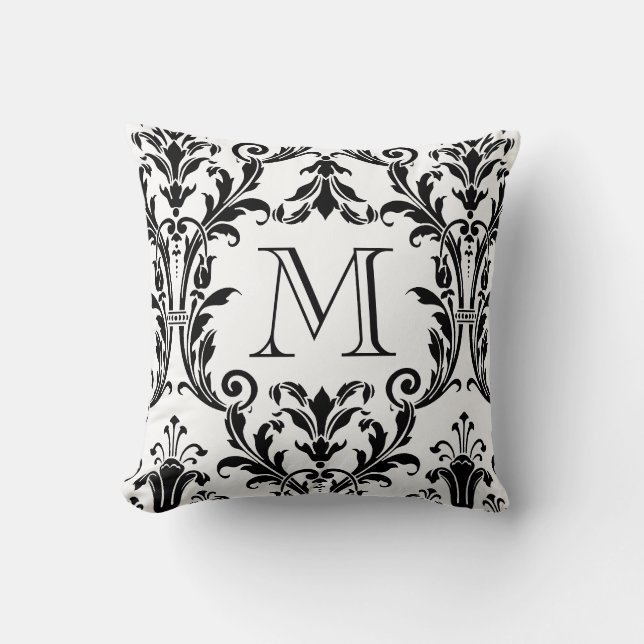 Coussin Monogramme de la floraison de Damas blanc et noir (Recto)