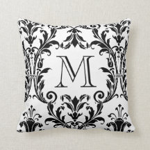 Monogramme de la floraison de Damas blanc et noir