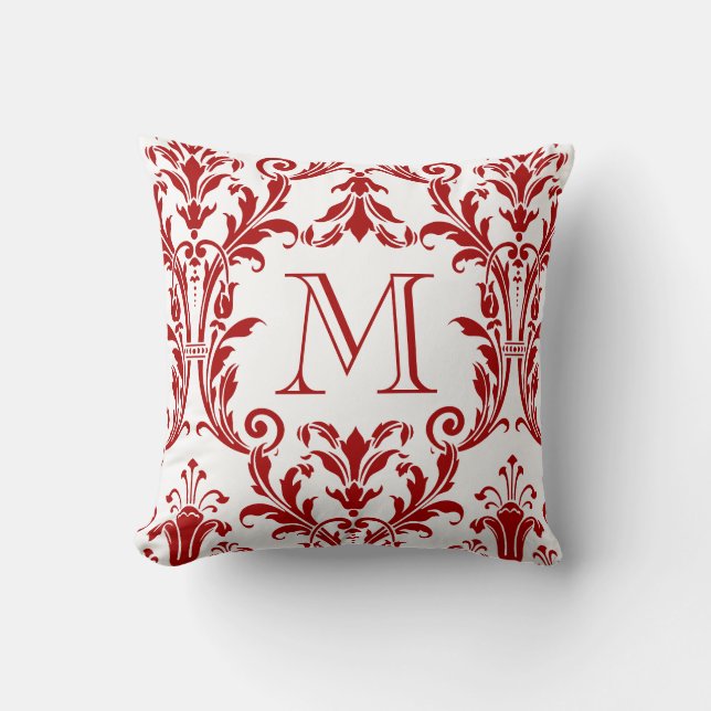 Coussin Monogramme de la florale des Damas blancs et rouge (Recto)