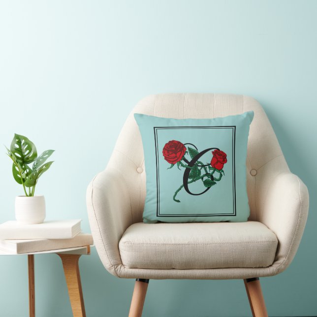 Coussin Monogramme de lettre C Script avec Roses Rouges Tu (Chaise)