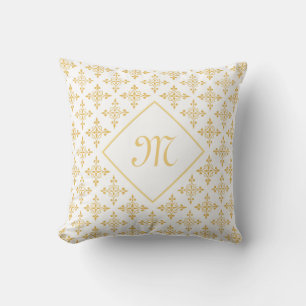 Coussin Monogramme de luxe Blanc et or Quatre Floral
