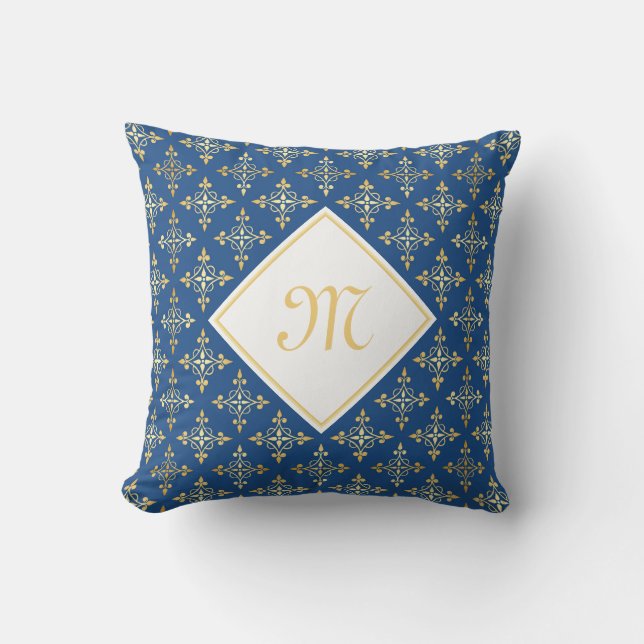 Coussin Monogramme de luxe Blue et Gold Quatre Floral (Recto)