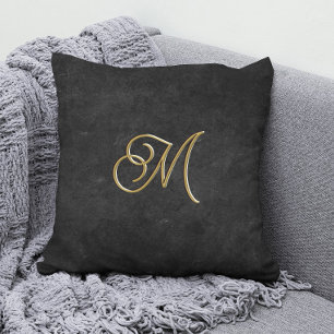 Coussin Monogramme de luxe minimaliste noir & or Vintage