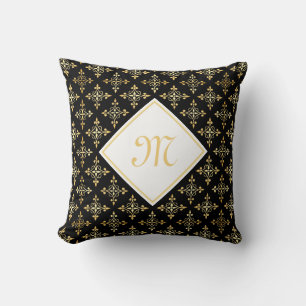 Coussin Monogramme de luxe Noir et Or Quatre Floral