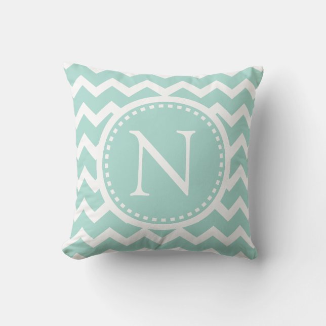 Coussin Monogramme de menthe verte Chevron Girly ZigZag (Recto)