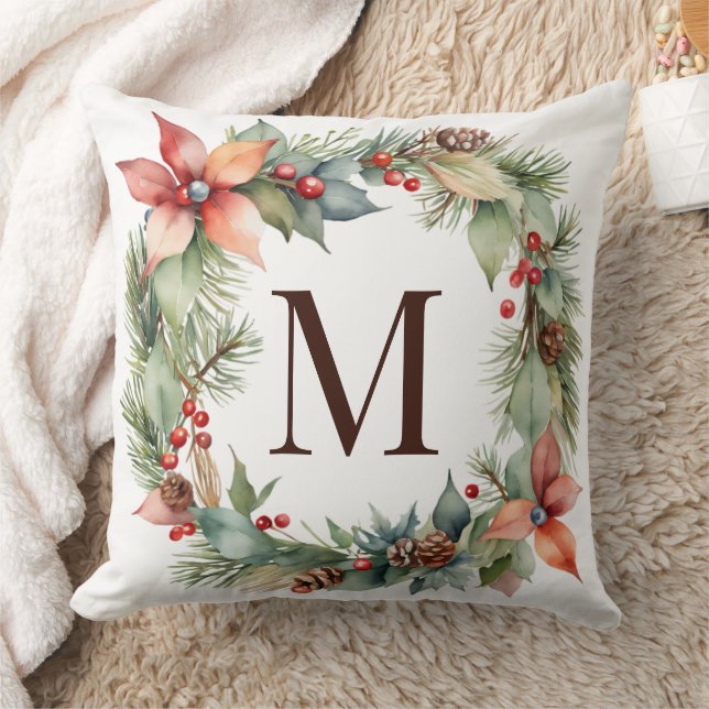 Coussin Monogramme de Noël rustique Holly Poinsettia Wreat (Couverture)