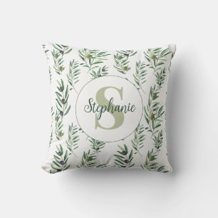 Coussin Monogramme de nom à l'aquarelle motif branches d'o