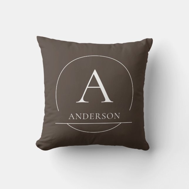 Coussin Monogramme de nom de famille initial simple marron (Recto)