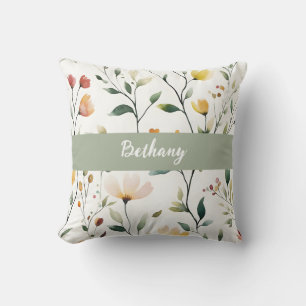 Coussin Monogramme de nom de fleur sauvage à l'aquarelle p