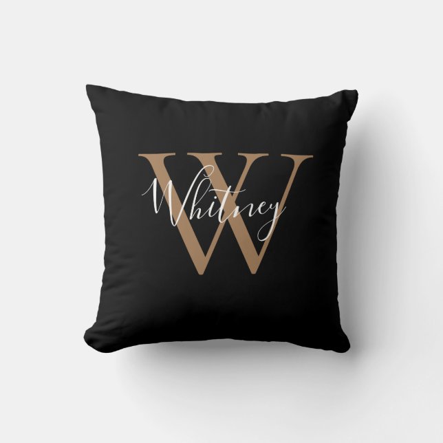 Coussin Monogramme de nom de script noir et or moderne  (Recto)