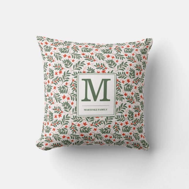 Coussin Monogramme de nom de vacances botanique vert rouge (Recto)