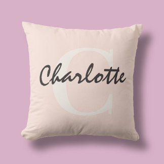 Coussin Monogramme de nom écriture brosse rose féminin