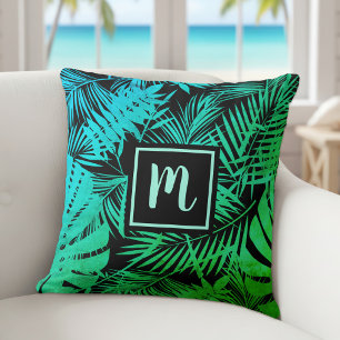 Coussin Monogramme de palme tropicale turquoise vert ombre