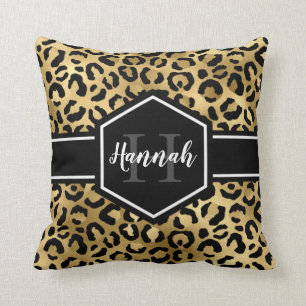 Coussin Monogramme de points de léopard noir or