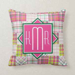 Coussin Monogramme de Preppy   Pink & Green Plaid