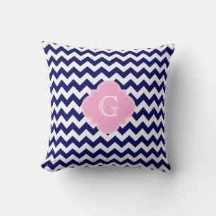 Coussin Monogramme de Quatrefoil rose Chevron ZigZag