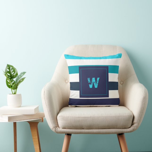 Coussin Monogramme de rayures Turquoises bleu moderne (Chaise)