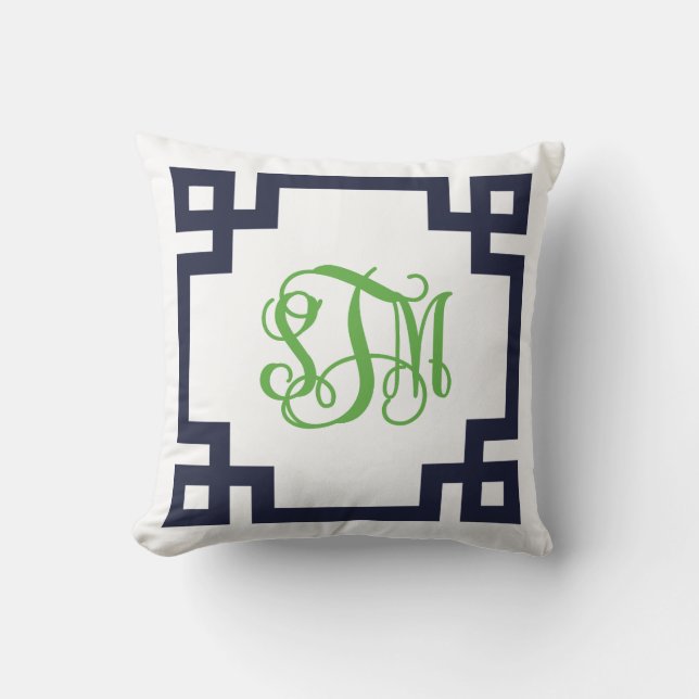 Coussin Monogramme de script clé marine et grecque verte - (Recto)