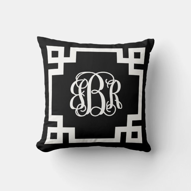 Coussin Monogramme de script de clé grecque noire et blanc (Recto)