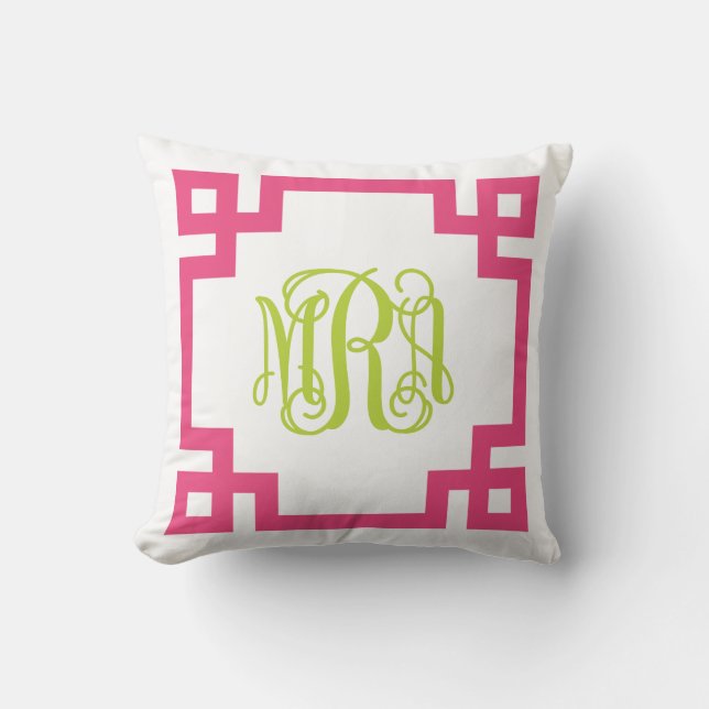 Coussin Monogramme de script de clé grecque rose et verte (Recto)