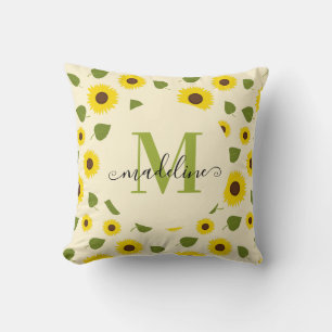 Coussin Monogramme de script de feuille verte jaune tourne