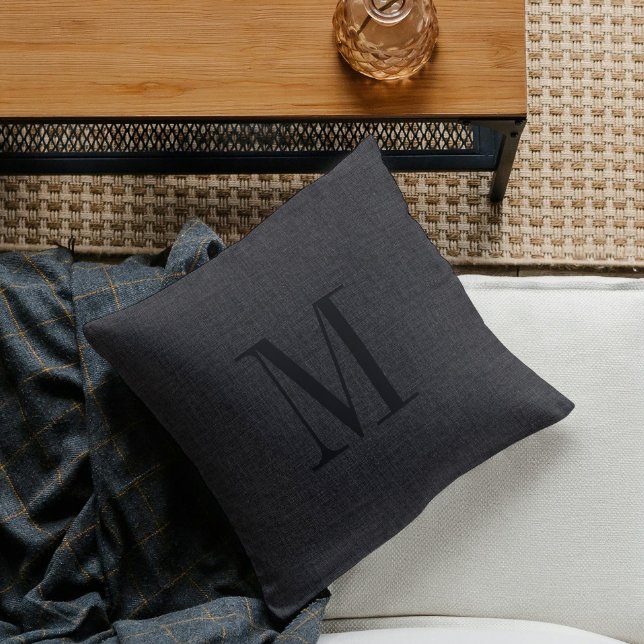 Coussin monogramme de texture de lin noir (Créateur téléchargé)