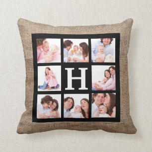 Coussin Monogramme de toile de jute de Faux avec 8 photos