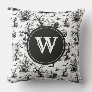 Coussin Monogramme de toile d'Halloween noir et blanc