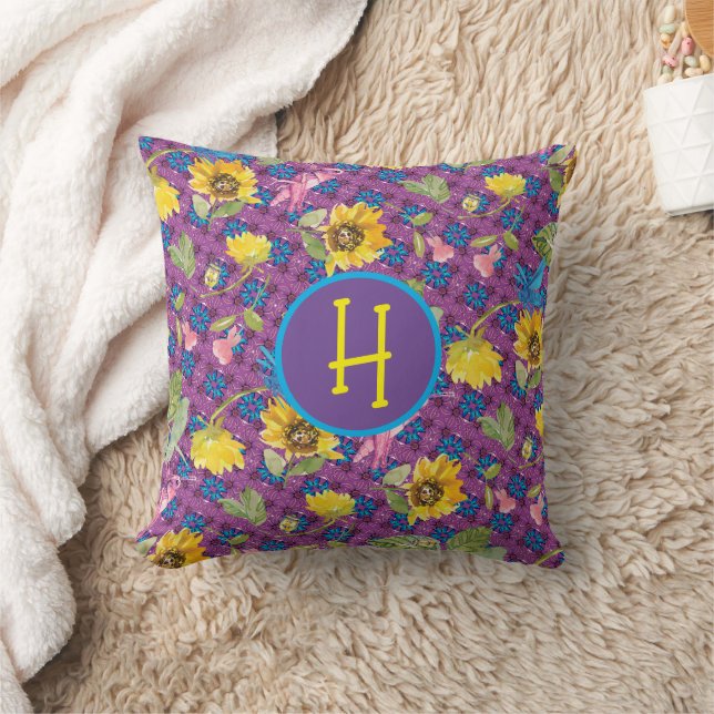 Coussin Monogramme de tournesol jaune de printemps (Couverture)